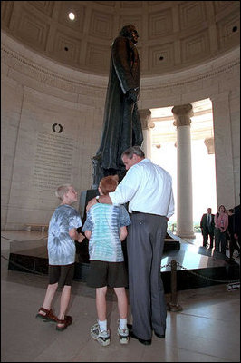 President Bush visited the Jefferson Memorial on July 2, 2001 as part of the beginning of Independence Day celebrations. The President greeted these two boys and other visitors to the memorial dedicated to President Thomas Jefferson, who is credited with drafting the Declaration of Independence. Two days later, President Bush visited Independence Hall in Philadelphia, the site of the adoption of the Declaration of Independence by the Continental Congress on July 4, 1776.