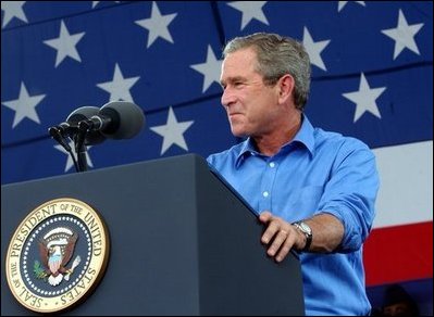 President George W. Bush delivers remarks celebrating our National Independence Day, commemorating the 100th anniversary of flight, and honoring our troops at Wright-Patterson Air Force Base in Dayton, Ohio, July 4, 2003.