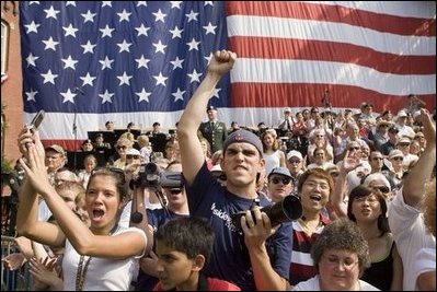 An estimated 3,000 celebrated Independence Day Monday, July 4, 2005, by cheering on President George W. Bush as he spoke at West Virginia University in Morgantown.