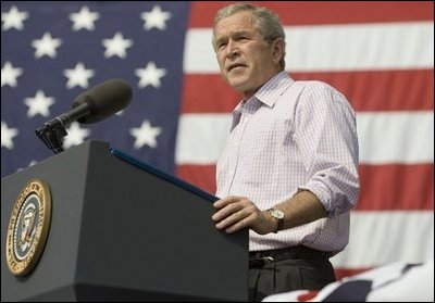 President George W. Bush speaks to an Independence Day crowd in Morgantown, W.Va., Monday, Jul 4, 2005. The President told the estimated 3,000 people at West Virginia University that "the revolutionary truths of the Declaration are still at the heart of America."