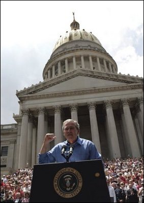 President George W. Bush delivers remarks at the Fourth of July Celebration on the steps of the Capitol in Charleston, West Virginia on Independence Day, 2004.