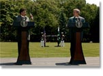 Presidents Pervez Musharraf of Pakistan and George W. Bush hold a joint press conference at Camp David
