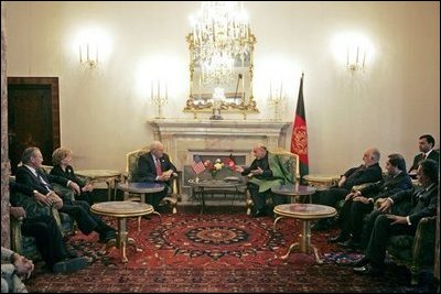 Vice President Dick Cheney participates in a bilateral meeting with Afghanistan President Hamid Karzai at the Presidential Palace in Kabul, Afghanistan, Tuesday, Dec. 7. 2004. President Karzai is Afghanistan's first democratically-elected president.