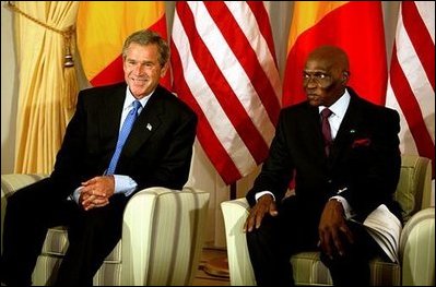 President George W. Bush meets with President Abdoulaye Wade of Senegal at the Presidential Palace in Dakar, Senegal, Tuesday morning, July 8, 2003. White House photo by Paul Morse