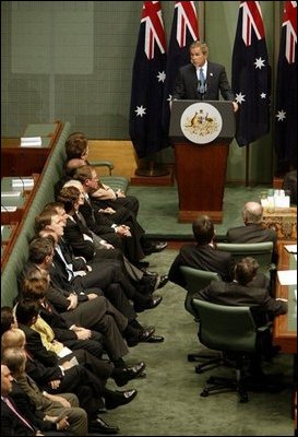 President George W. Bush speaks to the Australian Parliament in Canberra, Australia, Oct. 23, 2003. White House photo by Paul Morse