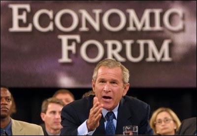 President George W. Bush makes a statement on how to improve the economy at the plenary session of the President's Economic Forum held at Baylor University in Waco, Texas on Tuesday August 13, 2002.