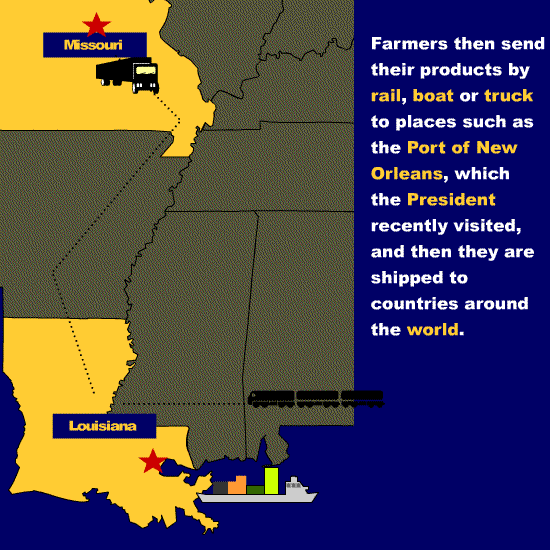 Animation sequence features a truck traveling from Missouri to New Orleans, Louisiana and a train traveling from the southeast to New Orleans. A ship then leaves the Port of New Orleans, which the President visited January 15, 2001. This animated chart illustrates how the economy works, with goods and services coming together and exported to the world.