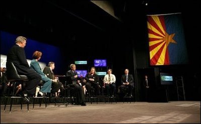 Meeting with community leaders and students, President George W. Bush leads a discussion on job training and the economy at Mesa Community College in Mesa, Arizona, Wednesday, Jan. 21, 2004.