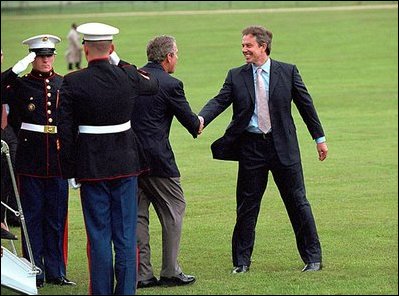 British Prime Minister Tony Blair welcomes President Bush to Chequers in Halton, England, July 19. Like Camp David, which Mr. Blair visited in February, Chequers is a private residence for the Prime Minister where the two leaders can talk privately. "I think it is yet another example of the strength of the relationship between our two countries. It is a very strong relationship, a very special one," said Mr. Blair during a press conference where he welcomed President Bush.