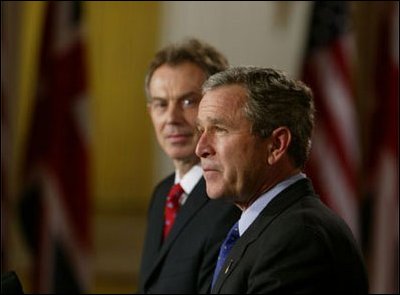 After meeting privately to discuss the situation in Iraq, President George W. Bush and British Prime Minister Tony Blair address the media in the Cross Hall Friday, Jan. 31, 2003. "I appreciate my friend's commitment to peace and security. I appreciate his vision. I appreciate his willingness to lead," said the President of Prime Minister Blair. "Most importantly, I appreciate his understanding that after September the 11th, 2001, the world changed; that we face a common enemy -- terrorists willing to kill innocent lives; that we now recognize that threats which gather in remote regions of the world must be dealt with before others lose their lives."
