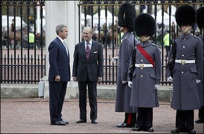 President George W. Bush and Prince Philip, Duke of Edinburgh, inspect the Guard of Honor during the ceremonial welcome at Buckingham Palace in London, Wednesday, Nov. 19, 2003. White House photo by Eric Draper