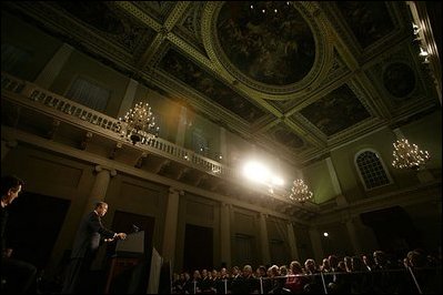 President George W. Bush speaks about America's relationship with Great Britain and the war on terror at The Banqueting House in London Wednesday, Nov. 19, 2003. 'On September the 11th, 2001, terrorists left their mark of murder on my country, and took the lives of 67 British citizens,' said the President. 'With the passing of months and years, it is the natural human desire to resume a quiet life and to put that day behind us, as if waking from a dark dream. The hope that danger has passed is comforting, is understanding, and it is false.' White House photo by Eric Draper