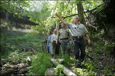 President George W. Bush leads wildlife conservation leaders on tour of his home, Prairie Chapel Ranch in Crawford, Texas, Thursday, April 8, 2004. When in Texas, President Bush often spends time working outdoors on his ranch.
