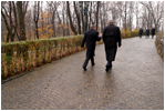 President Bush walks alone with Romanian President Iliescu on the grounds of Cotroceni Palace in Bucharest, Romania, Nov. 23, 2002. White House photo by Paul Morse