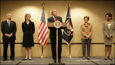 Accompanied by Laura Bush and Secretary of State Condoleezza Rice, President George W. Bush address U.S. Embassy families and staff in Latvia Saturday, May 7, 2005.  Pictured at left are U.S. Ambassador to Latvia, Catherin T. Bailey, and her husband, Irving Bailey II.
