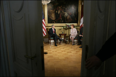 President George W. Bush and Latvia's President Vaira Vike-Freiberga meet at Riga Castle in Riga, Latvia, Saturday, May 7, 2005.