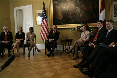 President George W. Bush meets with Latvian President Vaira Vike-Freiberga Saturday, May 7, 2005, at Riga Castle in Riga, Latvia.