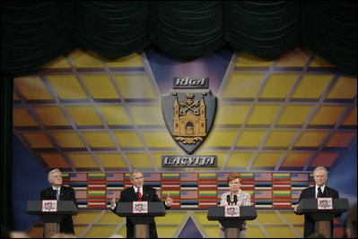 President George W. Bush Baltic leaders hold a joint press conference Saturday, May 7, 2005, in Riga, Latvia.  Pictured with President Bush are, from left, President Valdas Adamkus of Lithuania, President Vaira Vike-Freiberga of Latvia and President Arnold Ruutel of Estonia.