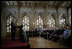 Delivering an address during the 60th anniversary week of WWII, President George W. Bush tells the story of Latvian sailors on eight freighters who disobeyed orders from a puppet government and remained at sea to help the U.S. Merchant Marines during the war at The Small Guild Hall in Riga, Latvia, Saturday, May 7, 2005. “By the end of the war, six of the Latvian ships had been sunk, and more than half the sailors had been lost,” said President Bush. “Nearly all of the survivors settled in America, and became citizens we were proud to call our own.”