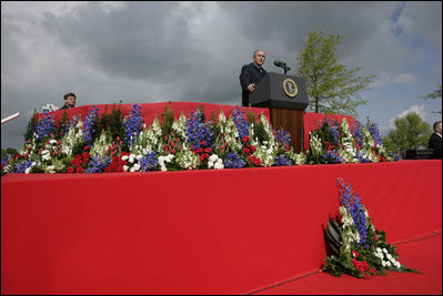 President George W. Bush addresses attendees Sunday, May 8, 2005, at Netherlands American Cemetery in Margraten, during a celebration in remembrance of those who served in World War II.