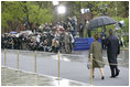 President George W. Bush and Laura Bush arrive for ceremonies at Moscow's Red Square to commemorate the 60th Anniversary of the end of World War II Monday, May 9, 2005.