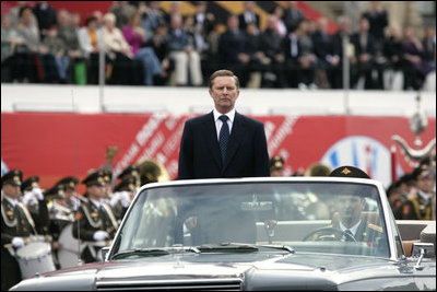 Russian Defense Minister Sergei Ivanov surveys troops during a military parade commemorating the 60th anniversary of the end of World War II in Moscow's Red Square Monday, May 9, 2005.