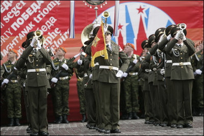 A military band performs in Moscow's Red Square during Russia 's commemoration of the 60th anniversary of the end of World War II Monday, May 9, 2005.
