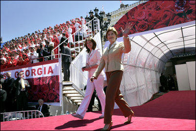 Laura Bush and Sandra Roelofs, wife of Georgian President Mikhail Saakashvili, are introduced before President Bush addresses a crowd of thousands at Freedom Square in Tbilisi, Georgia, Tuesday, May 10, 2005.