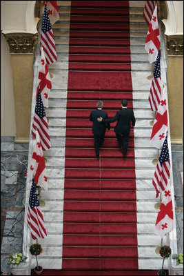 President George W. Bush and Georgian President Mikhail Saakashvili leave a press availability Tuesday, May 10, 2005, at the Georgian Parliament in Tbilisi.