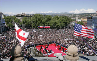 Thousands gather in Freedom Square to hear President George W. Bush speak in Tiblisi, Georgia, Tuesday, May 10 2005. "When Georgians gathered here 16 years ago, this square had a different name. Under Lenin's steely gaze, thousands of Georgians prayed and sang, and demanded their independence, said President Bush. "The Soviet army crushed that day of protest, but they could not crush the spirit of the Georgian people."