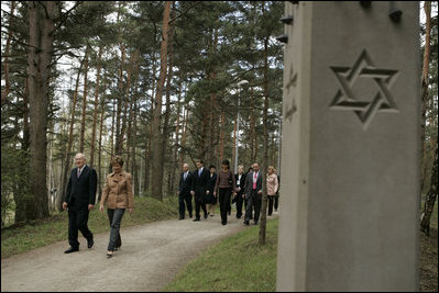 Laura Bush visits the Rumbula Holocaust Memorial in Riga, Latvia, Saturday, May 7, 2005.
