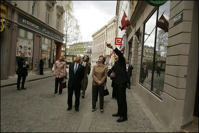 Laura Bush takes a walking tour of Riga, Latvia, Saturday, May 7, 2005.
