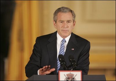 President George W. Bush speaks at Concert Noble Ballroom in Brussels, Belgium, Monday, Feb. 21, 2005. “Our greatest opportunity and immediate goal is peace in the Middle East. After many false starts, and dashed hopes, and stolen lives, a settlement of the conflict between Israelis and Palestinians is now within reach,” said the President.