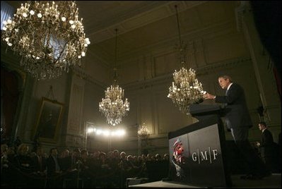 President George W. Bush delivers a foreign policy speech at the Concert Noble Ballroom, Brussels, Belgium, Monday, Feb. 21, 2005.