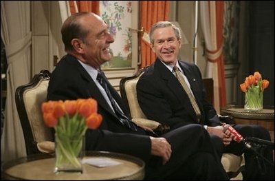 Attending the NATO Summit, President George W. Bush meets with French President Jacques Chirac in Brussels, Belgium, Monday, Feb. 21, 2005.