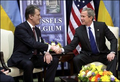 President George W. Bush hosts a bilateral meeting with Ukraine President Viktor Yushchenko in Brussels, Belgium, Tuesday, Feb. 22, 2005.