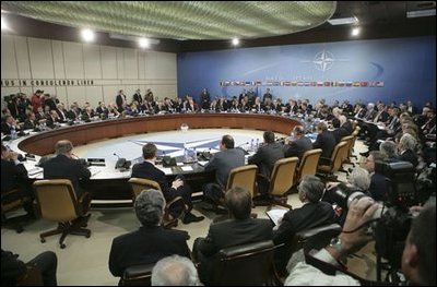 President George W. Bush meets with the NATO-Ukraine Commission at NATO Headquarters, Brussels, Belgium, Tuesday Feb. 22, 2005. 