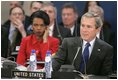 Secretary of State Condoleezza Rice and President George W. Bush attend the NATO summit in Brussels, Belgium, Tuesday Feb. 22, 2005. 
