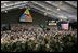 President Bush is nearly lost in a sea of camouflage as he addresses troops Wednesday, Feb. 24, 2005, at Wiesbaden Army Air Field in Wiesbaden, Germany.