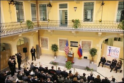 Laura Bush delivers remarks during the opening of "Info USA" at the University Library in Bratislava, Slovak Republic, Thursday, Feb. 24, 2005.
