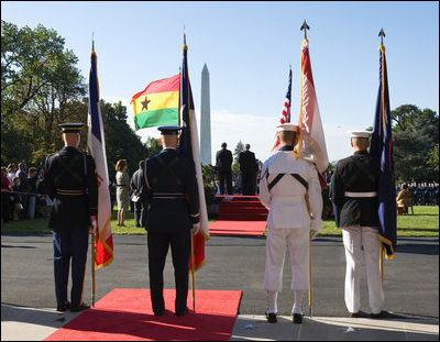 President George W. Bush delivers welcoming remarks to President John Agyekum Kufuor of Ghana, left, during a South Lawn Arrival Ceremony Monday, Sept. 15, 2008, on the South Lawn of the White House.
