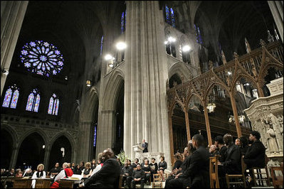 President George W. Bush speaks during the National Day of Prayer and Remembrance Service at the Washington National Cathedral in Washington, D.C., Friday, Sept. 16, 2005. "On this Day of Prayer and Remembrance, our nation remains in the shadow of a storm that departed two weeks ago. We're humbled by the vast and indifferent might of nature, and feel small beside its power," said the President in his remarks. "We commend the departed to God. We mourn with those who mourn, and we ask for strength in the work ahead." 
