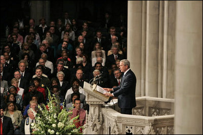 President George W. Bush speaks during the National Day of Prayer and Remembrance Service at the Washington National Cathedral in Washington, D.C., Friday, Sept. 16, 2005. 