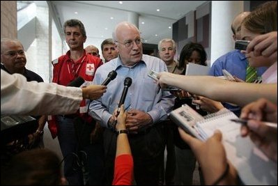Vice President Dick Cheney meets with the press during a visit to the Austin Convention Center in Austin, Texas Saturday, September 10, 2005. The Vice President spent time visiting with families who have been relocated from their homes to the Convention Center, which has been designated as one of the many temporary shelters for Katrina Hurricane evacuees.