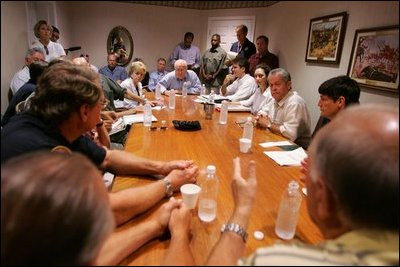 Vice President Dick Cheney meets with local and elected officials, Thursday, Sept. 8, 2005 in Gulfport Miss., while on a tour of the Gulf Coast areas devastated by Hurricane Katrina.