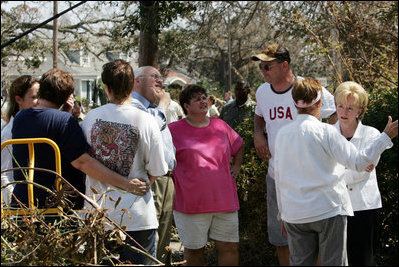 Vice President Dick Cheney and Mrs. Cheney talk with residents of one Gulfport, Mississippi hurricane damaged neighborhood, during a walking tour to view damages and relief efforts Thursday, September 8, 2005.  Hurricane Katrina struck Mississippi and Louisiana August 31.