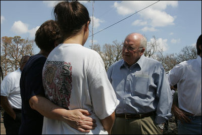 Vice President Dick Cheney talks with residents of a Gulfport, Mississippi neighborhood Thursday, September 8, 2005. The neighborhood was damaged by Hurricane Katrina, which hit both Louisiana and Mississippi on August 29th.