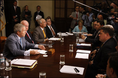 President George W. Bush addresses the media Tuesday, Sept. 2, 2008, before updating members of the Cabinet on Hurricane Gustav. In urging continued coordination with state and local officials, the President said, "We recognize that the pre-storm efforts were important and so are the follow-up efforts... "