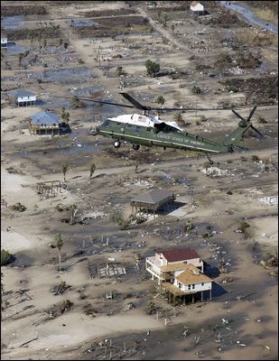 Aboard Marine One, President George W. Bush flies over the devastation left along the Texas coast in the wake of Hurricane Ike. President Bush and officials toured the the Houston-Galveston areas Tuesday, Sept. 16, 2008, for a first-hand look and to participate in briefings from federal, state and local officals on the response to the storm.