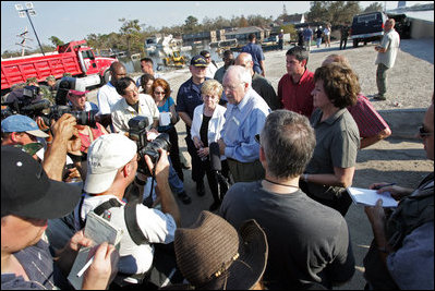 Vice President Dick Cheney and Mrs. Cheney speak to members of the media during a recent visit to the flood ravaged areas of New Orleans, Louisiana Thursday, September 8, 2005, to tour the 17th Street levee repair operations and relief efforts in the wake of Hurricane Katrina.